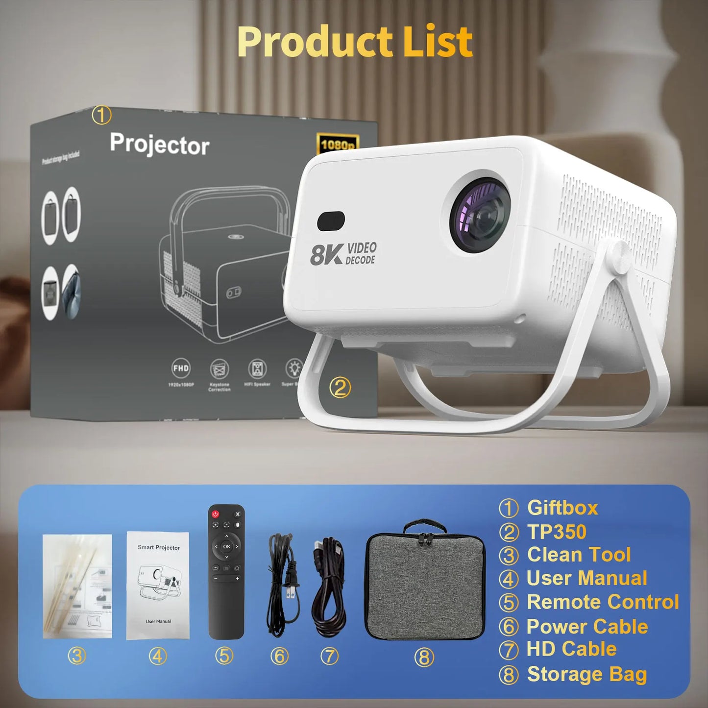 Velec Projector, Home & Outdoor, 650 ANSI lumens, 1080P Full HD, supports 8K decoding, Android 14, autofocus, WiFi 6, Bluetooth
