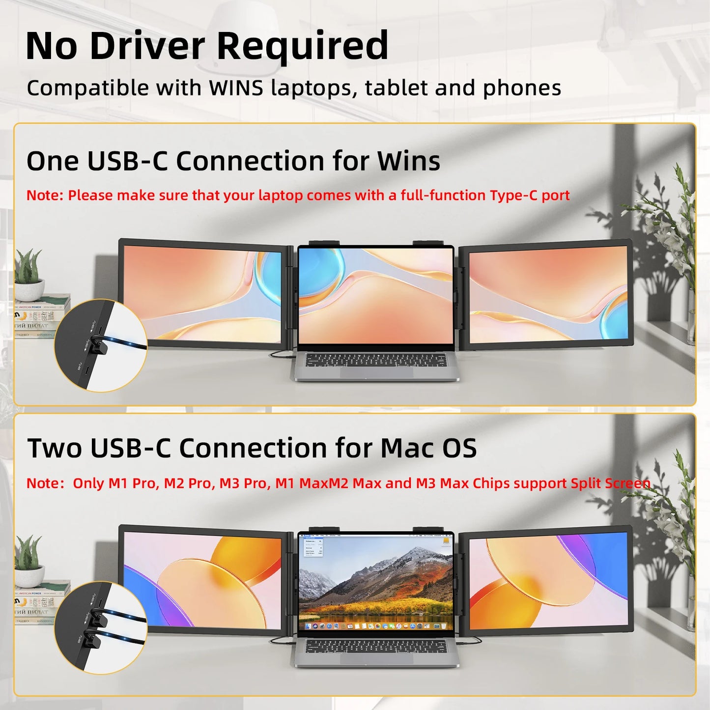 Amoudo Dual Laptop Monitor IPS USB C Triple Display For Windows Mac Xbox