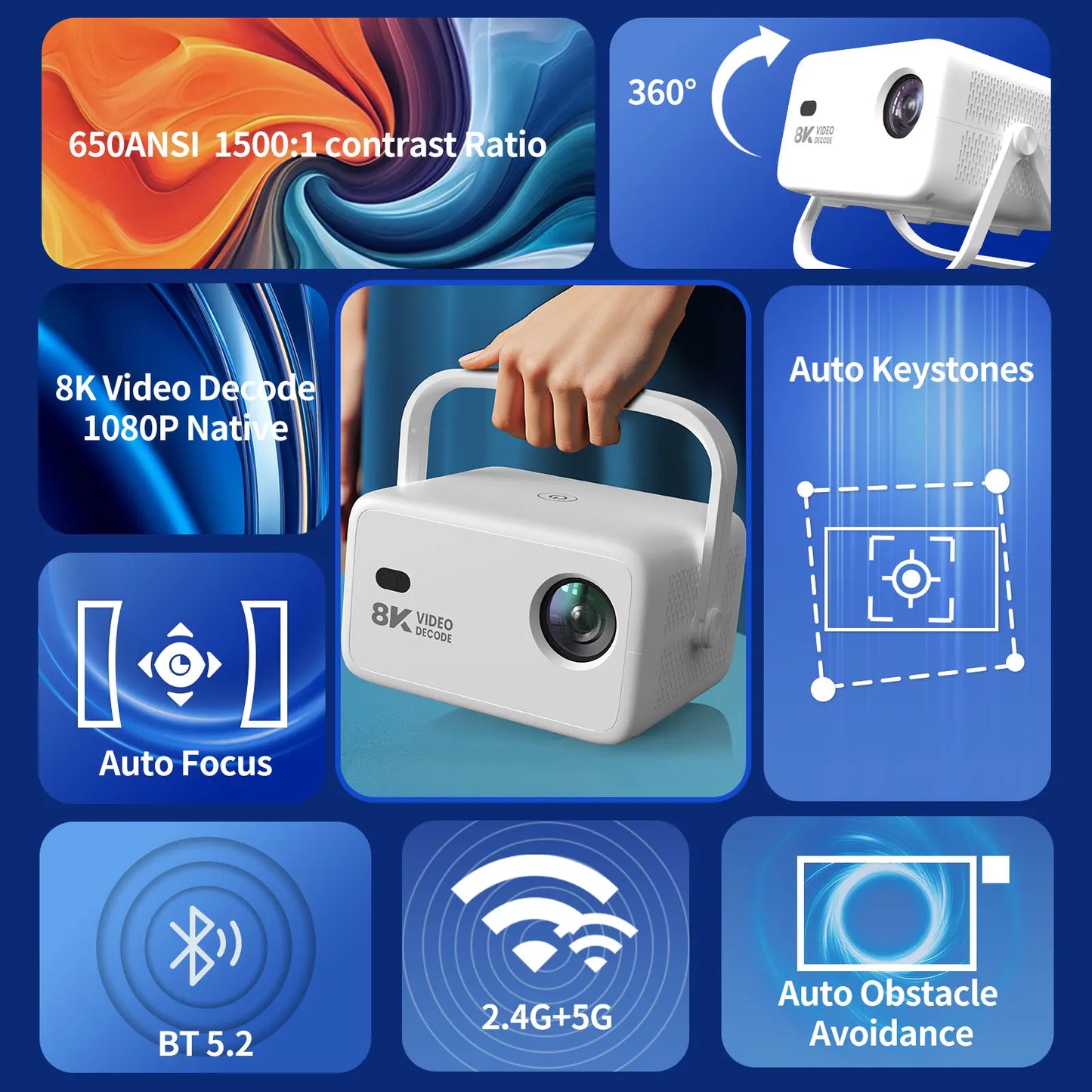 Velec Projector, Home & Outdoor, 650 ANSI lumens, 1080P Full HD, supports 8K decoding, Android 14, autofocus, WiFi 6, Bluetooth