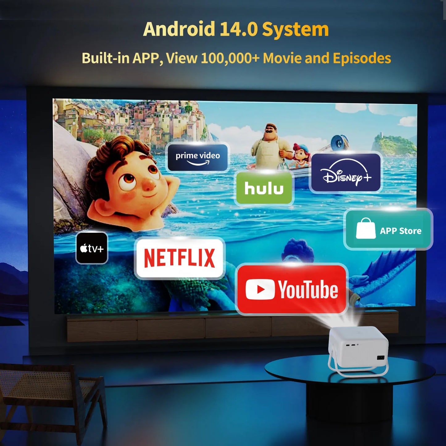 Velec Projector, Home & Outdoor, 650 ANSI lumens, 1080P Full HD, supports 8K decoding, Android 14, autofocus, WiFi 6, Bluetooth