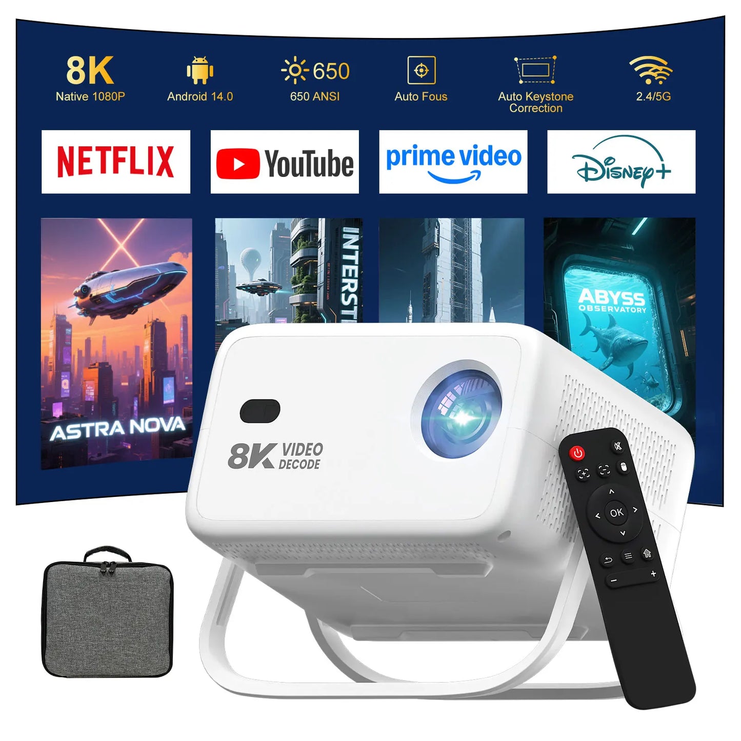 Velec Projector, Home & Outdoor, 650 ANSI lumens, 1080P Full HD, supports 8K decoding, Android 14, autofocus, WiFi 6, Bluetooth
