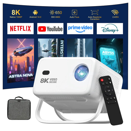 Velec Projector, Home & Outdoor, 650 ANSI lumens, 1080P Full HD, supports 8K decoding, Android 14, autofocus, WiFi 6, Bluetooth