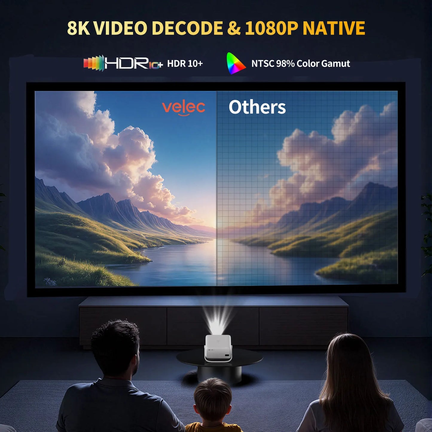 Velec Projector, Home & Outdoor, 650 ANSI lumens, 1080P Full HD, supports 8K decoding, Android 14, autofocus, WiFi 6, Bluetooth