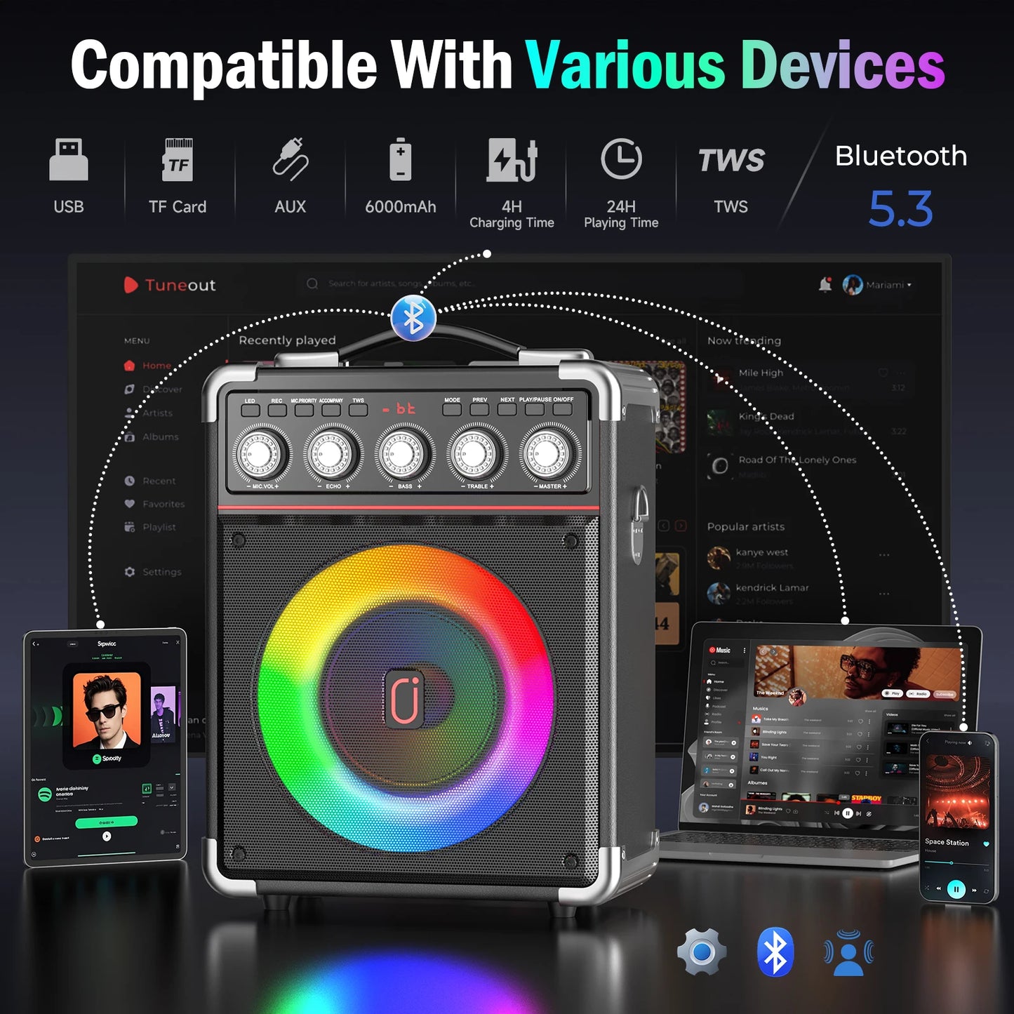 FanFun Karaoke Speaker, Bluetooth Speaker with 2 Microphones and LED Light, Portable Wireless Speaker, Outdoor Party Speaker