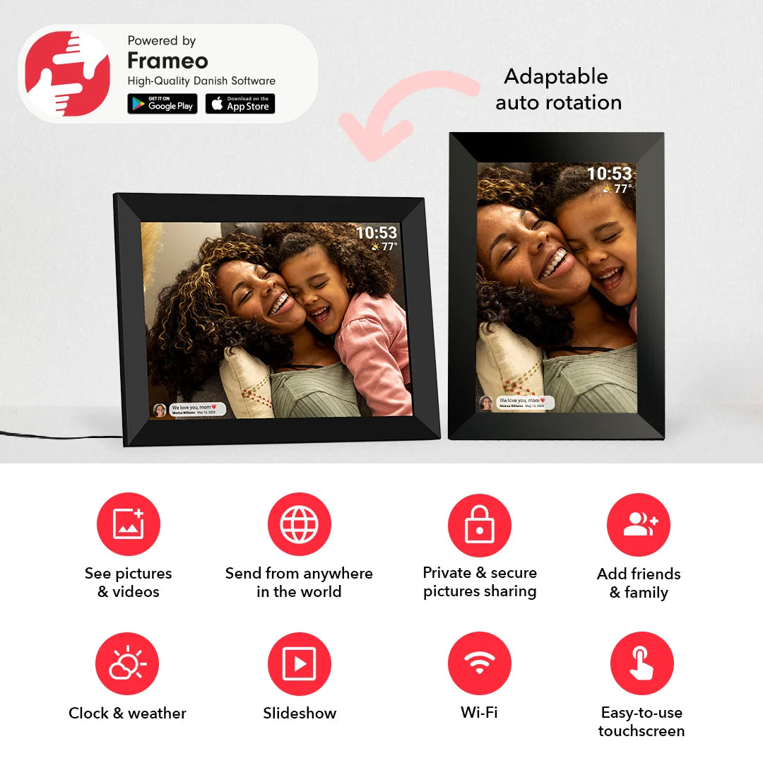 FRAMEO 10.1 inch 32GB Digital Picture Frame, IPS LCD Touch Screen, Auto-Rotate Easy Setup to Share Photos & Videos via Frameo