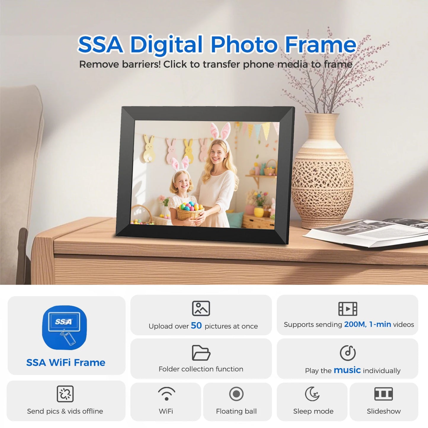 SSAWIFIFRAME Digital Photo Frame 10.1 inch WiFi Digital Picture Frame IPS Touch Screen 32GB Storage Auto-Rotate