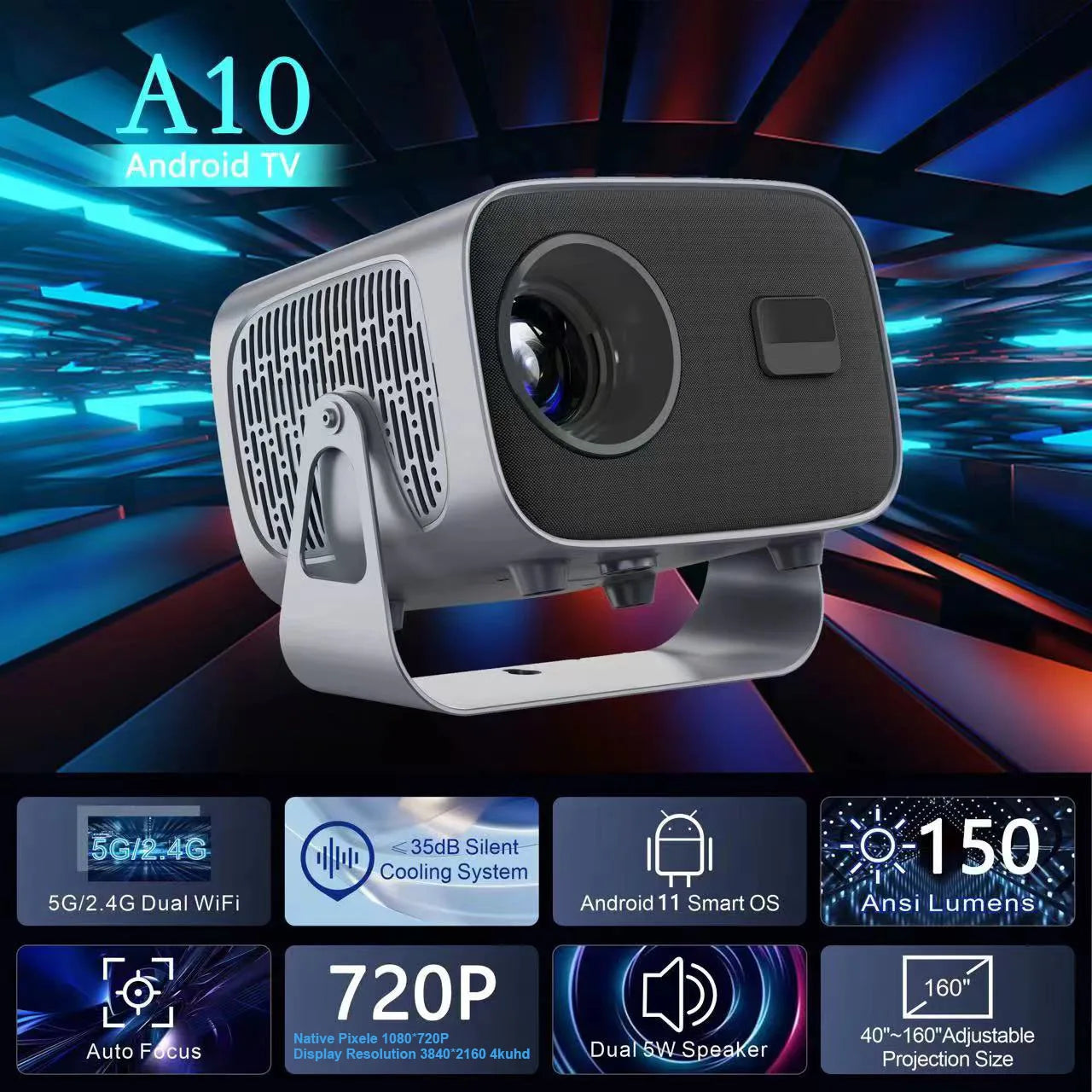 NEW A10 Smart Projector 720P HD with Auto Keystone Correction, Dual 2.4G/5G WiFi Bluetooth 5.0, 2+16G 30-150 Inch Home Theater