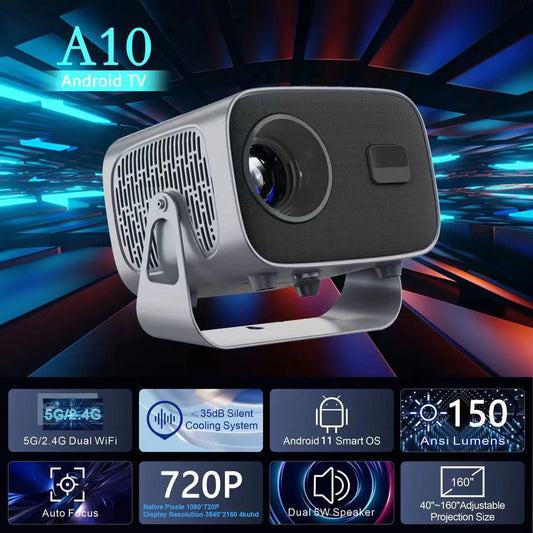 NEW A10 Smart Projector 720P HD with Auto Keystone Correction, Dual 2.4G/5G WiFi Bluetooth 5.0, 2+16G 30-150 Inch Home Theater