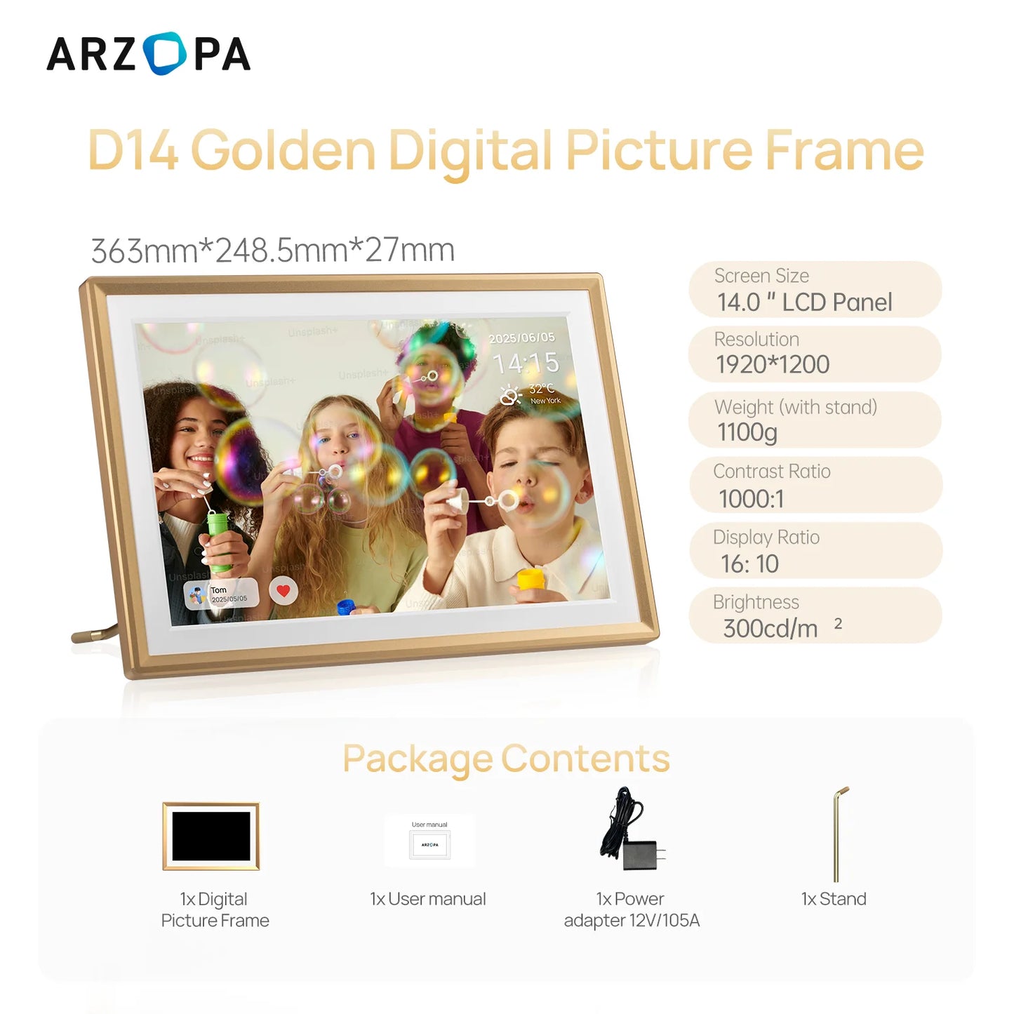 ARZOPA 14 Inch WiFi Digital Photo Frame IPS HD Touch Screen Unlimited Free Cloud Storage Remote Photo Video Share Family Gift