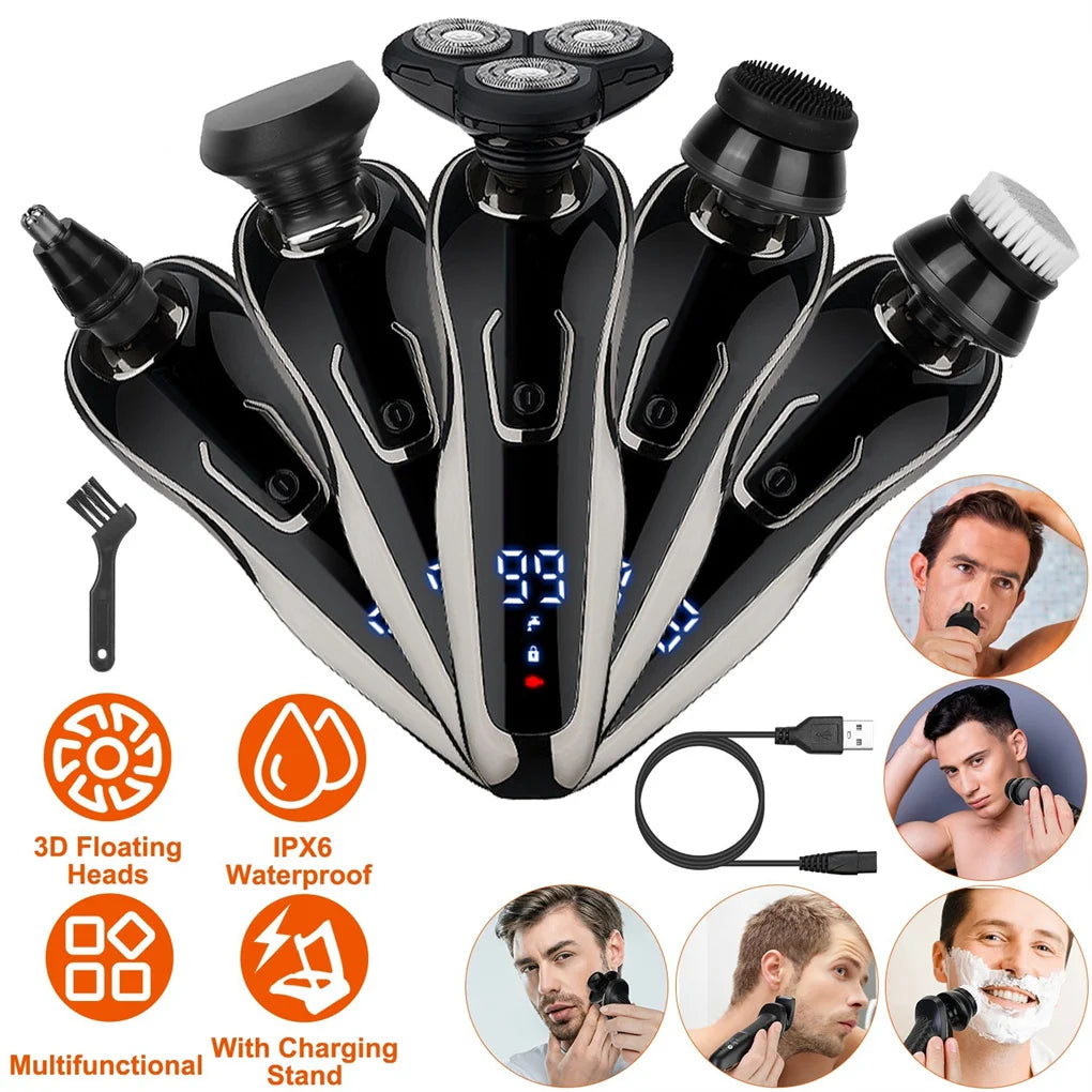 5 In 1 Electric Razor Shaver Rechargeable Cordless Head Beard Trimmer Shaver Kit IPX6 Waterproof Dry Wet Grooming Kit