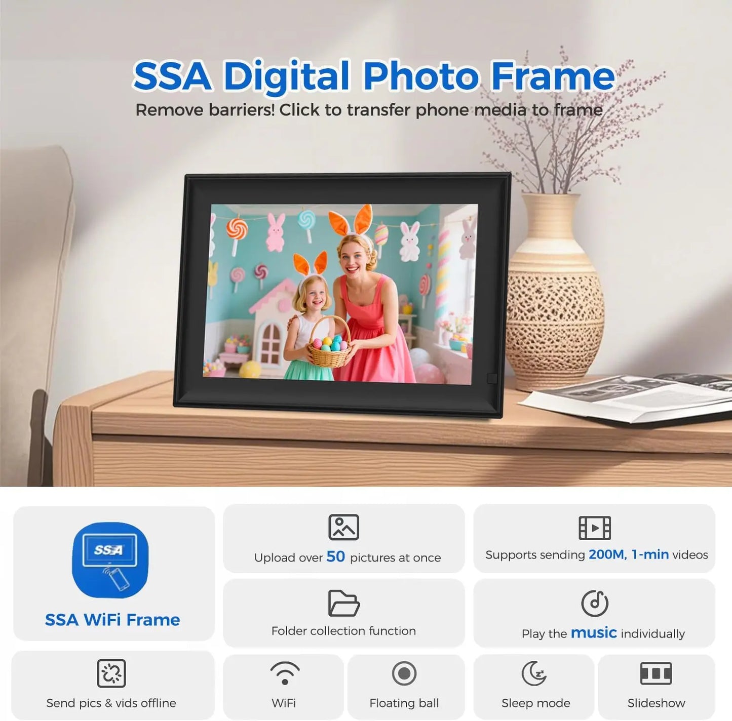 SSA WiFi Frame 32GB 10.1 inch Digital Picture Frame WiFi with IPS Touch Screen Auto-Rotate