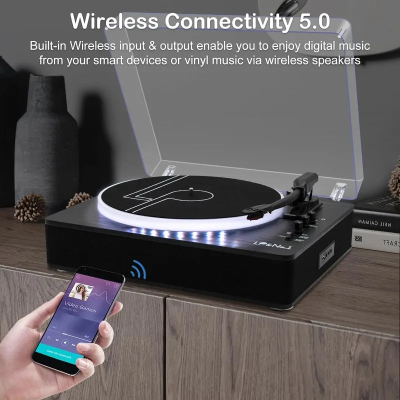 Record Player with Built-in Stereo Speakers, LED Control, 3-Speed Belt-Drive Vinyl Turntable with USB Playback & Recordi