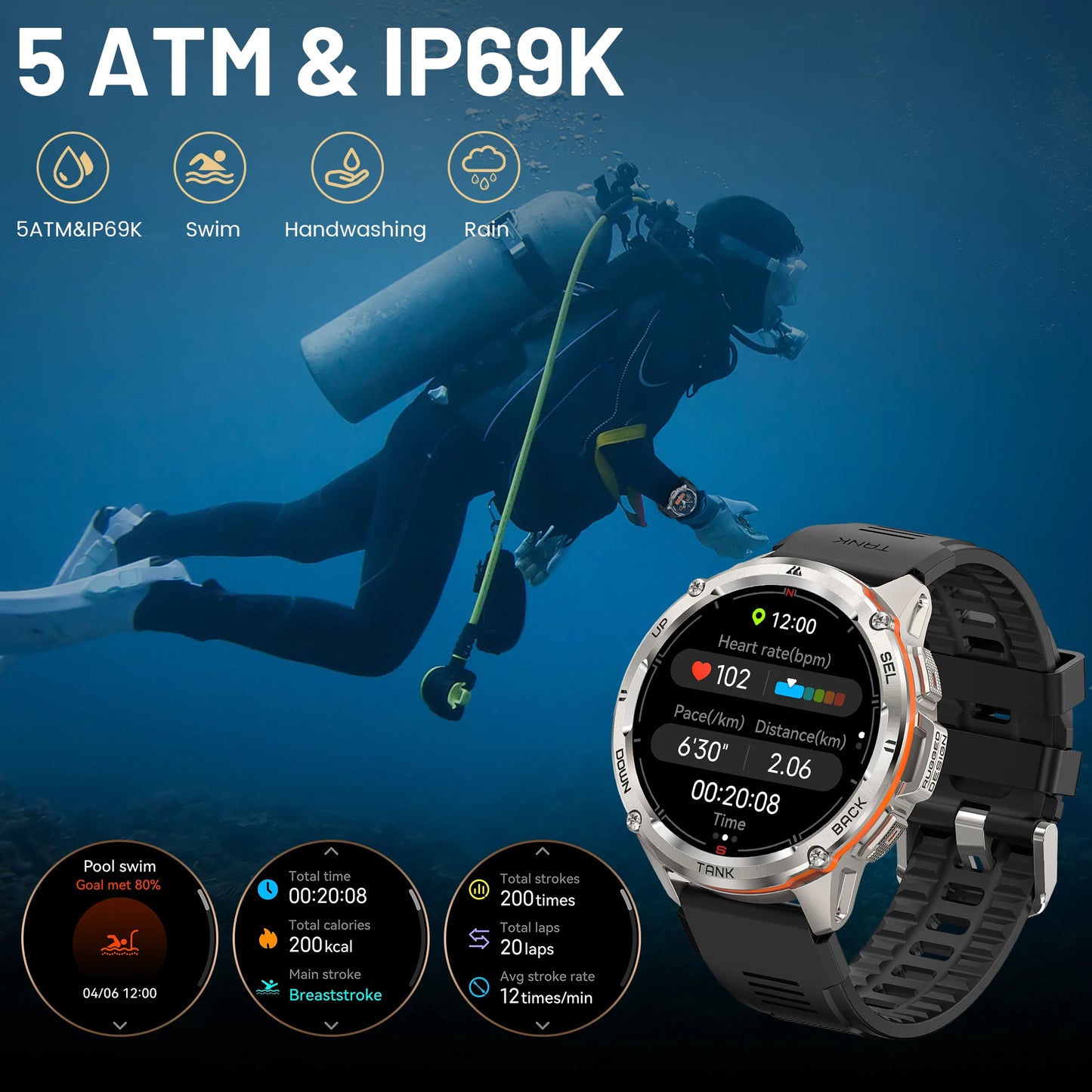KOSPET TANK T3 Ultra GPS Smart Watch For Men Altimeter Compass Barometric 470mAh 60 Days Battery Bluetooth Call IP69K Waterproof