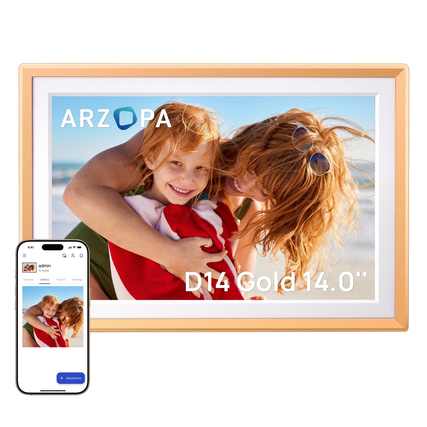 ARZOPA 14 Inch WiFi Digital Photo Frame IPS HD Touch Screen Unlimited Free Cloud Storage Remote Photo Video Share Family Gift