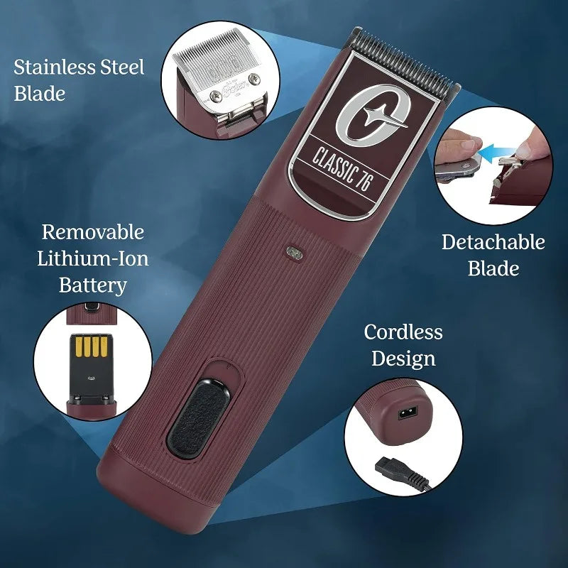 Oster Professional Cordless Hair Clippers, Classic 76 for Barbers and Hair Cutting with Detachable Blade, Burgundy