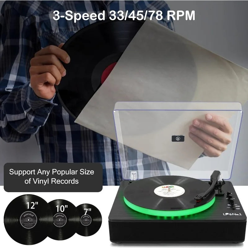 Record Player with Built-in Stereo Speakers, LED Control, 3-Speed Belt-Drive Vinyl Turntable with USB Playback & Recordi