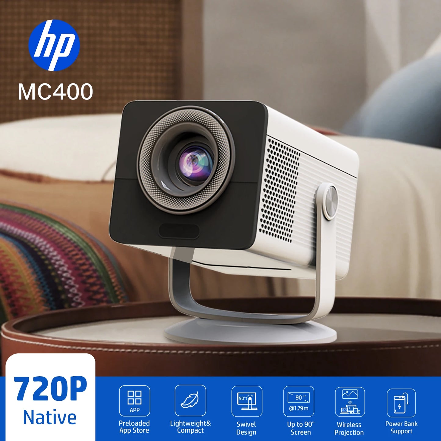 HP Projector MC400 HD 1280*720P Android 14 Allwinner H726 Dual Wifi6 BT5.4 Home Cinema Projetor Outdoor Portable Projectors