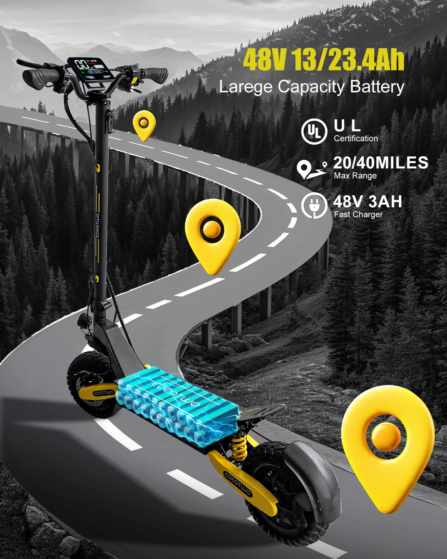 EOEOTWO GT06 Electric Scooter Adults 1200W Motor 48V13/23AH Lithium Battery 28MPH E Scooters Dual Suspensions + 1 Year Warranty