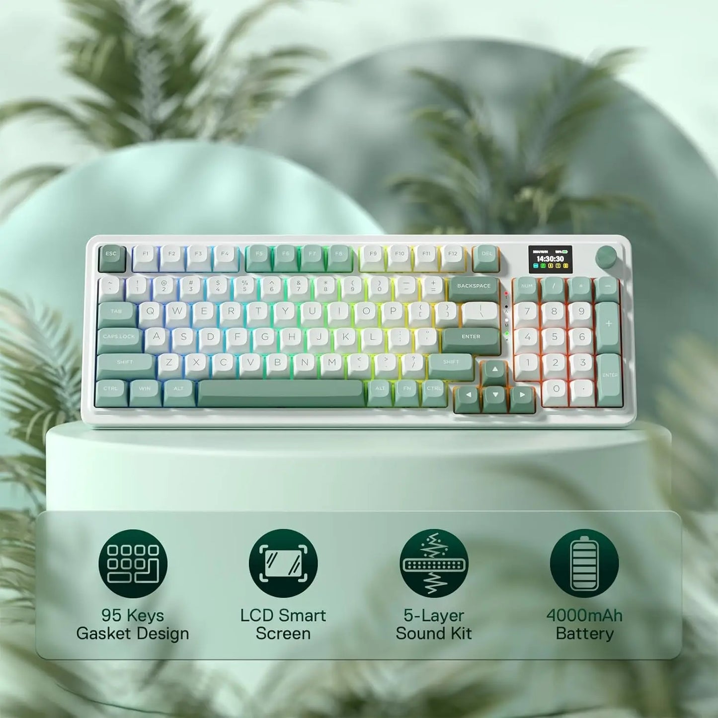 Redragon K719 Wireless Gasket Gaming 95 Keys Mechanical Keyboard,Easy-Control 1.14’’ TFT Info Display,Mint Mambo Switches