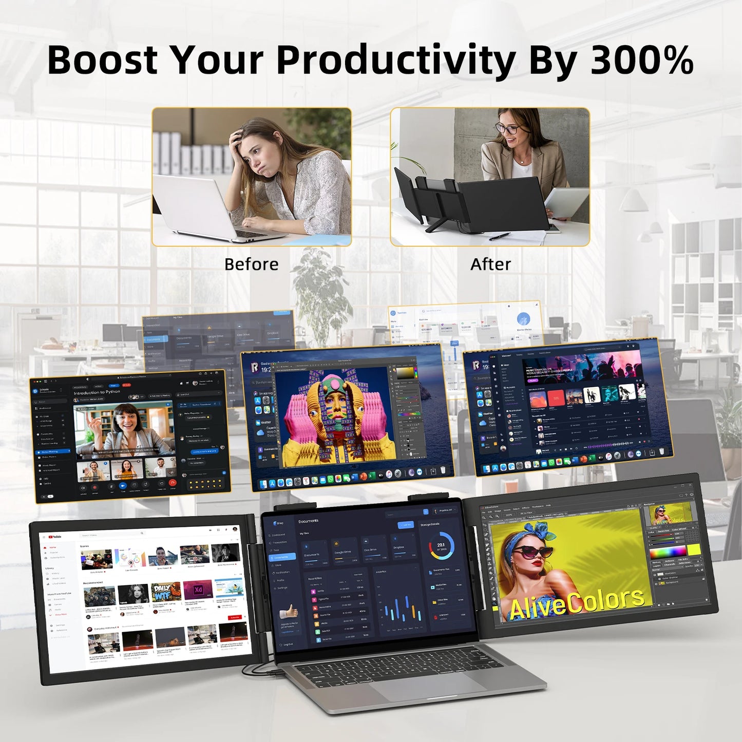 Amoudo Dual Laptop Monitor IPS USB C Triple Display For Windows Mac Xbox