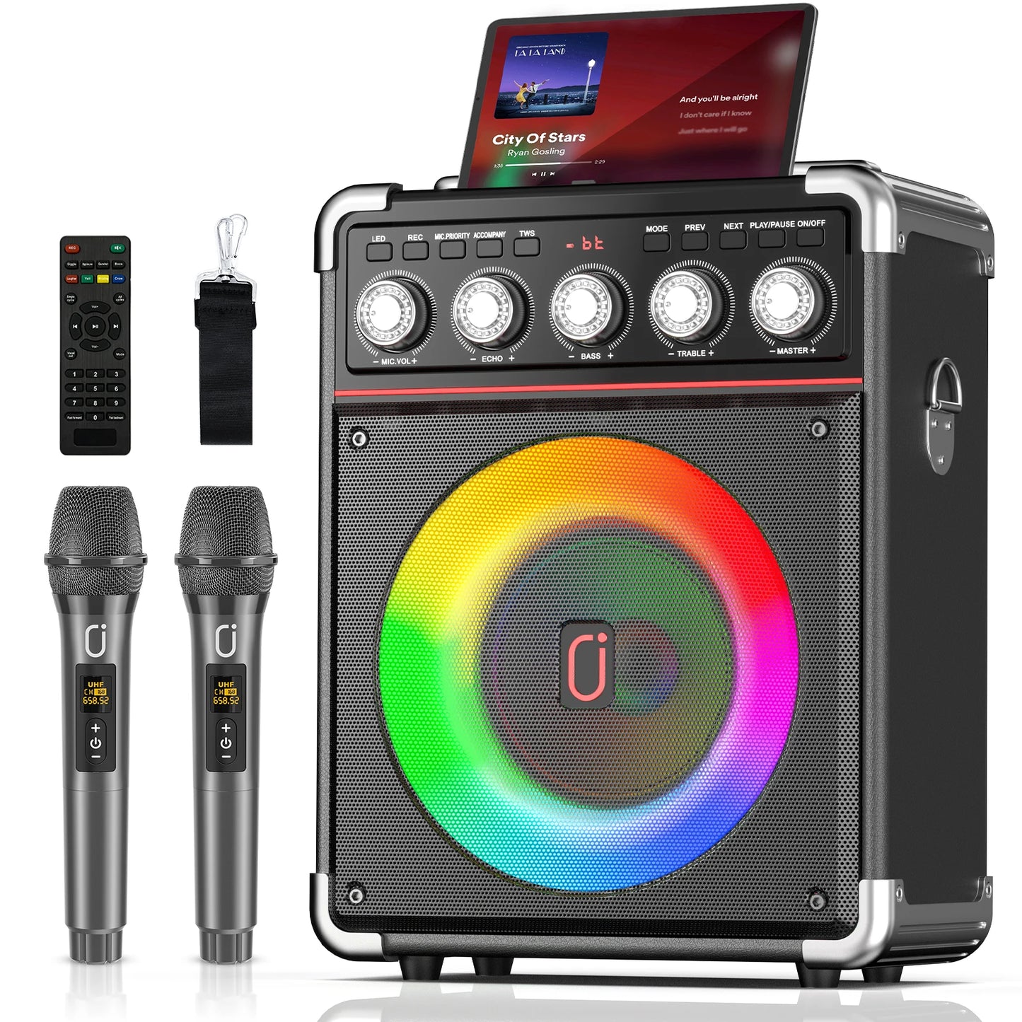 FanFun Karaoke Speaker, Bluetooth Speaker with 2 Microphones and LED Light, Portable Wireless Speaker, Outdoor Party Speaker