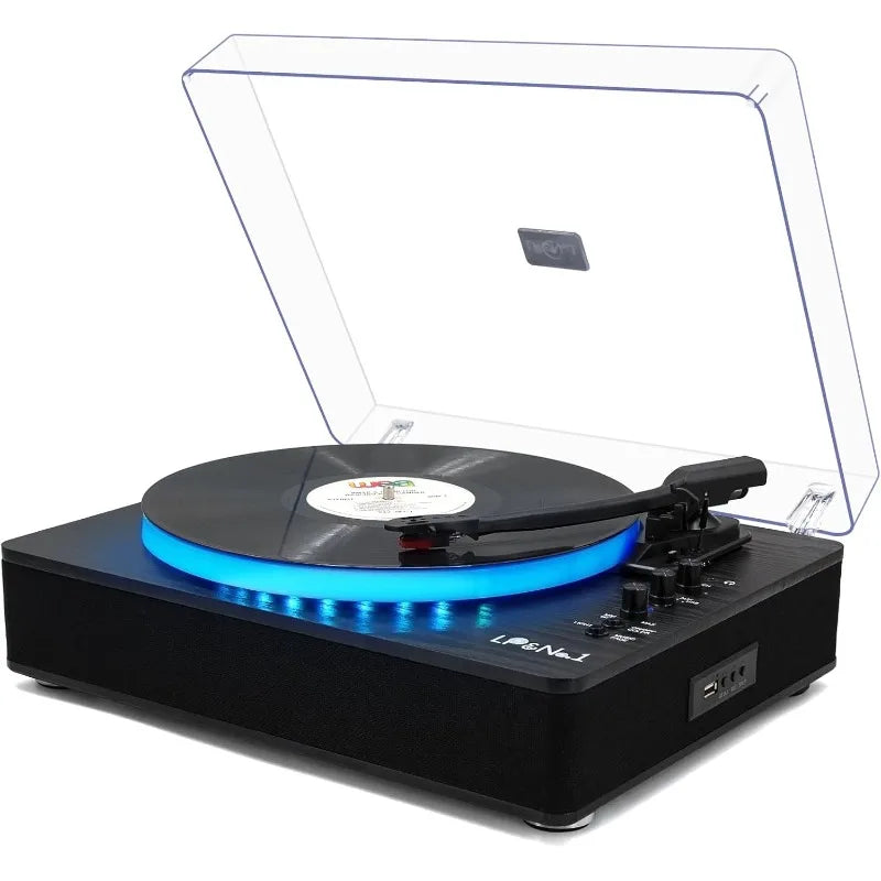 Record Player with Built-in Stereo Speakers, LED Control, 3-Speed Belt-Drive Vinyl Turntable with USB Playback & Recordi
