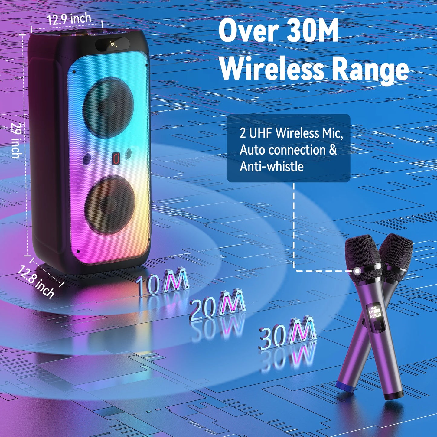 FanFun 500W Large Bluetooth Speaker, Wireless Speaker with LED Party Light, Karaoke Machine with 2 Microphones, Karaoke Speaker