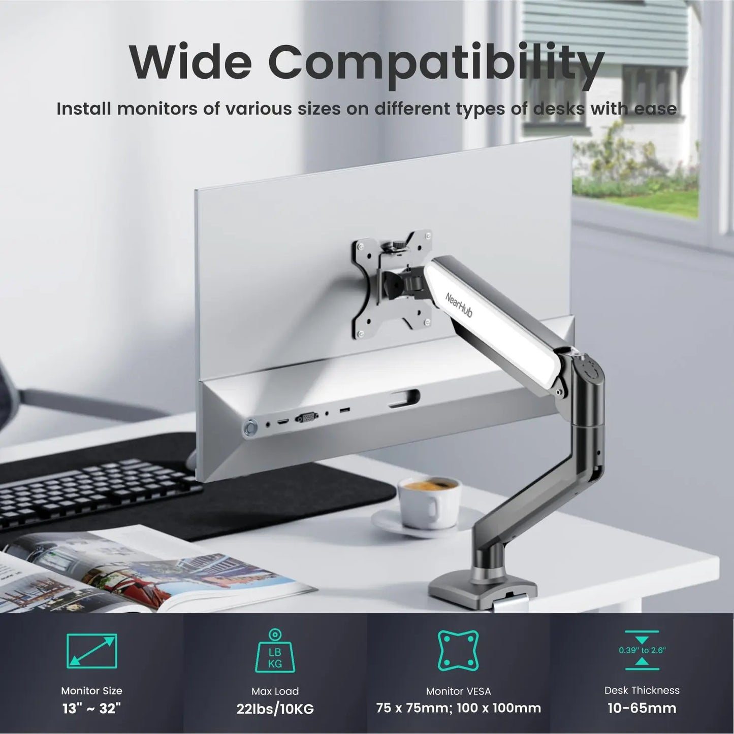 Nearhub MS-001 Monitor Arm Single Arm,Flexible Adjustment 180° Swivel, 360°Rotation Effortless Installation Monitor Arm