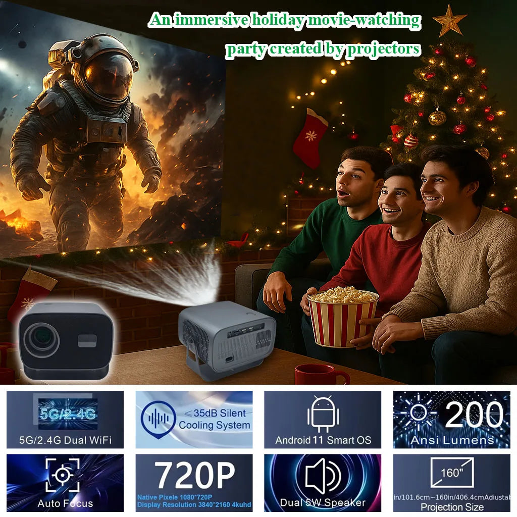 NEW A10 Smart Projector 720P HD with Auto Keystone Correction, Dual 2.4G/5G WiFi Bluetooth 5.0, 2+16G 30-150 Inch Home Theater