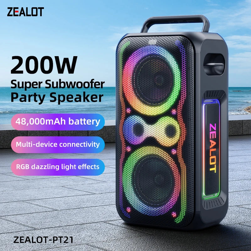 ZEALOT-PT21 200W Portable Bluetooth Speaker, Wireless Speaker IPX5 Waterproof Bluetooth Speakers with Subwoofer，Bass Boost
