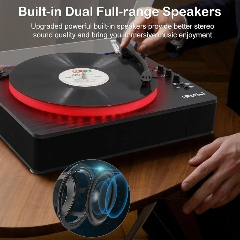 Record Player with Built-in Stereo Speakers, LED Control, 3-Speed Belt-Drive Vinyl Turntable with USB Playback & Recordi