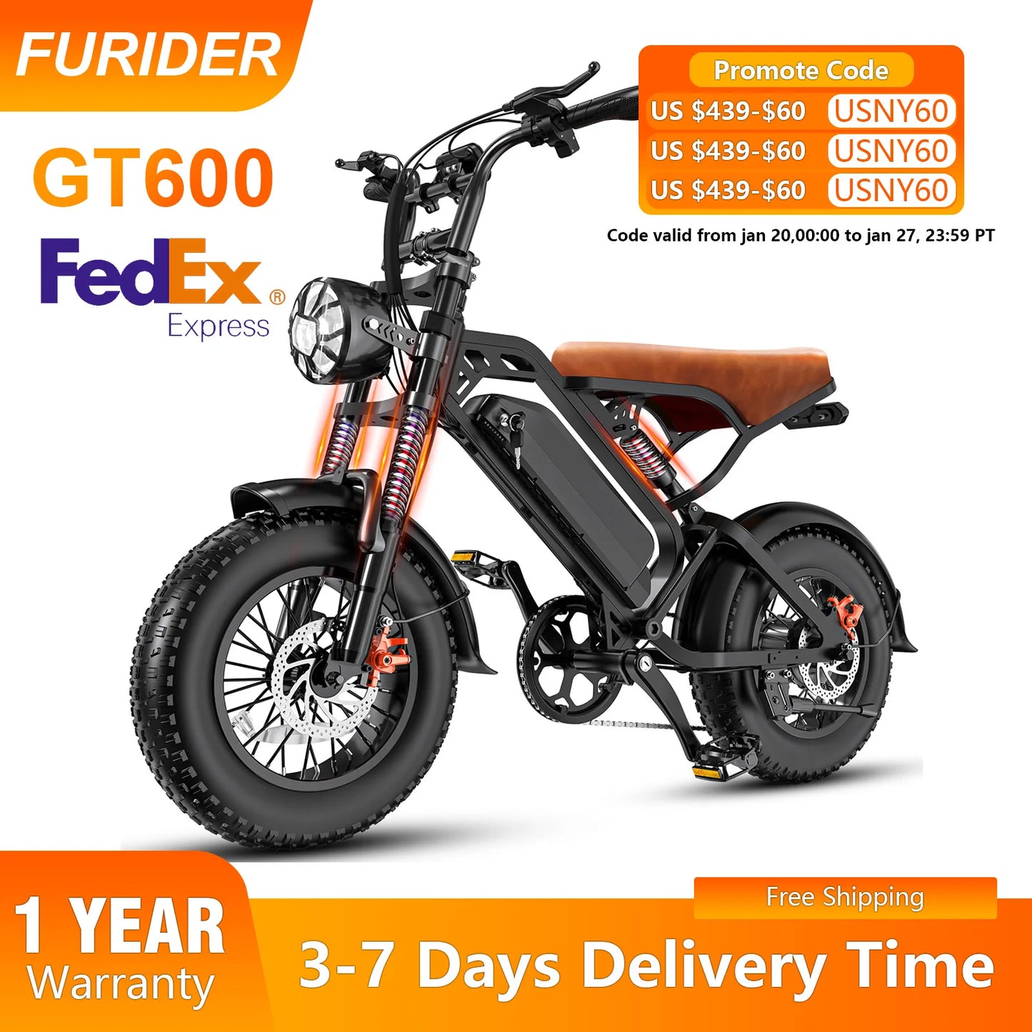 GT600 1000W Fat Tire Electric Mountain Bike For Adults