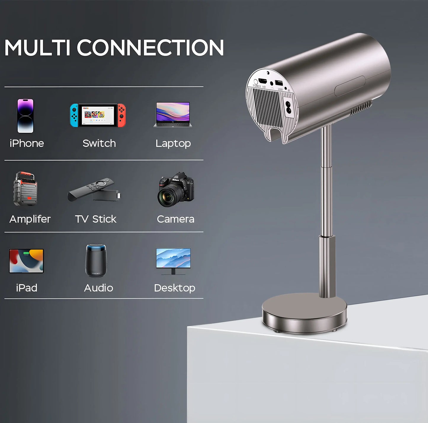 Mini Android Portable Projector  Support 1080p 4K  Integrated 90°Adjust Stand Hight Adjustment WiFi and Bluetooth Model: TS3
