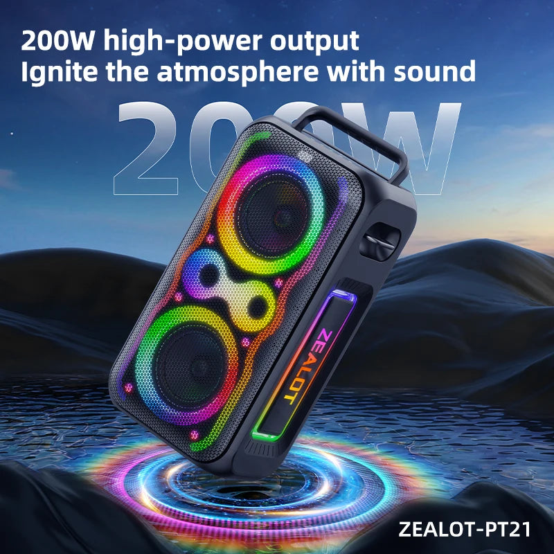 ZEALOT-PT21 200W Portable Bluetooth Speaker, Wireless Speaker IPX5 Waterproof Bluetooth Speakers with Subwoofer，Bass Boost