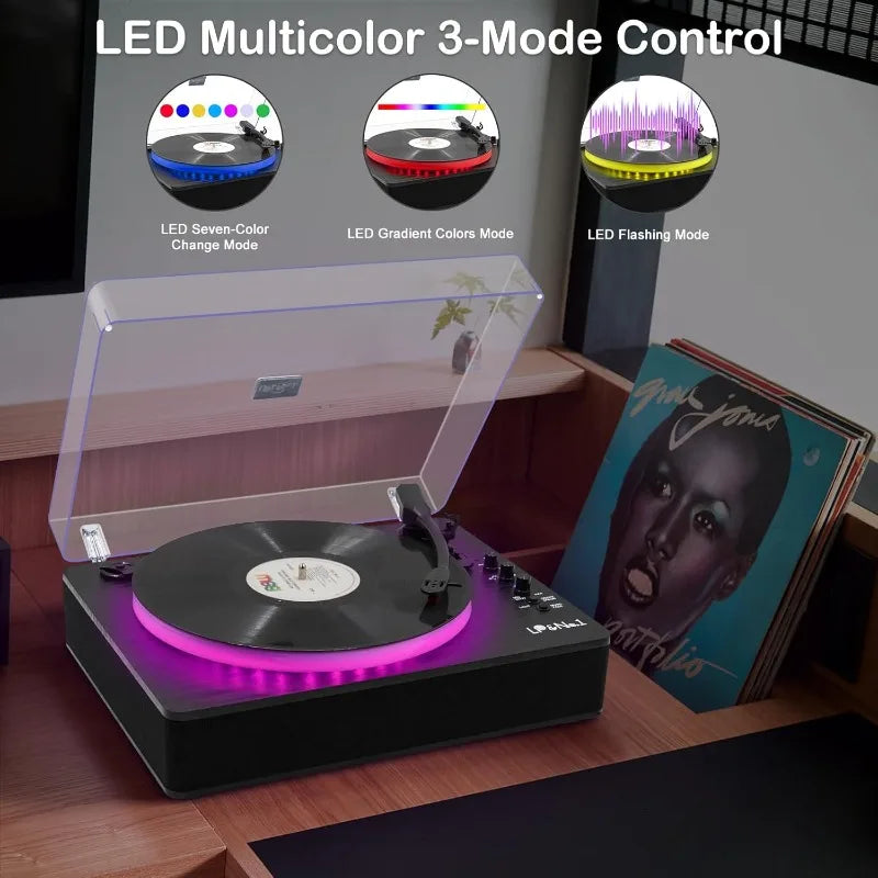 Record Player with Built-in Stereo Speakers, LED Control, 3-Speed Belt-Drive Vinyl Turntable with USB Playback & Recordi