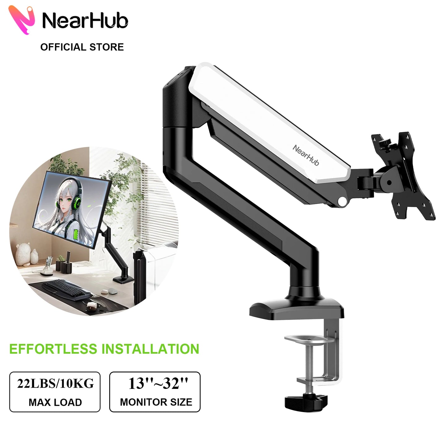 Nearhub MS-001 Monitor Arm Single Arm,Flexible Adjustment 180° Swivel, 360°Rotation Effortless Installation Monitor Arm