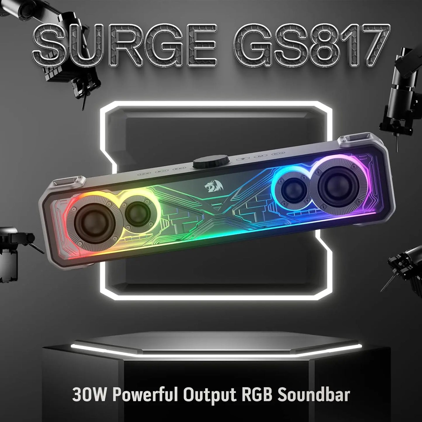 Redragon GS817 RGB 2.0 Channel Stereo Speakers Touch-Control Bluetooth 5.3 & 3.5mm AUX Inputs Desktop Soundbar, Black