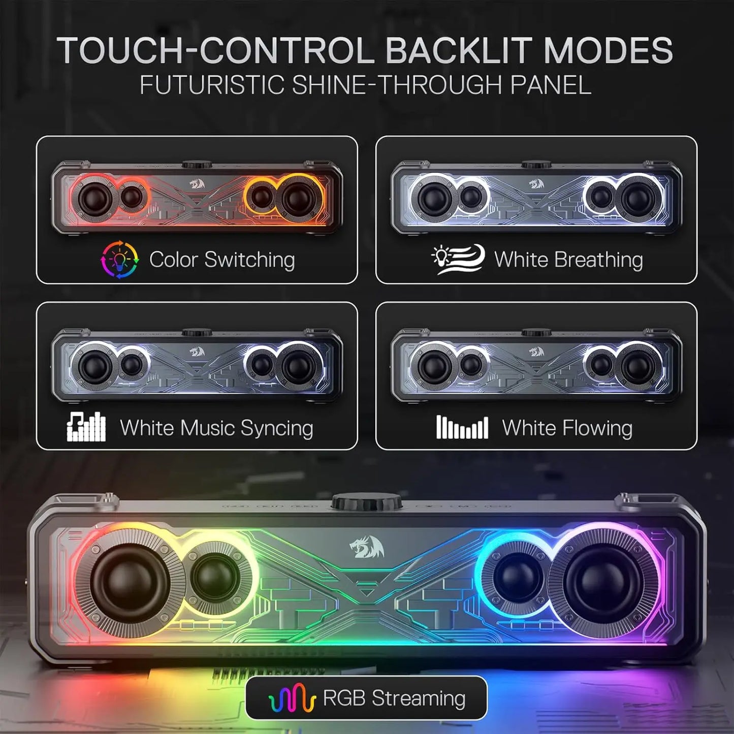 Redragon GS817 RGB 2.0 Channel Stereo Speakers Touch-Control Bluetooth 5.3 & 3.5mm AUX Inputs Desktop Soundbar, Black