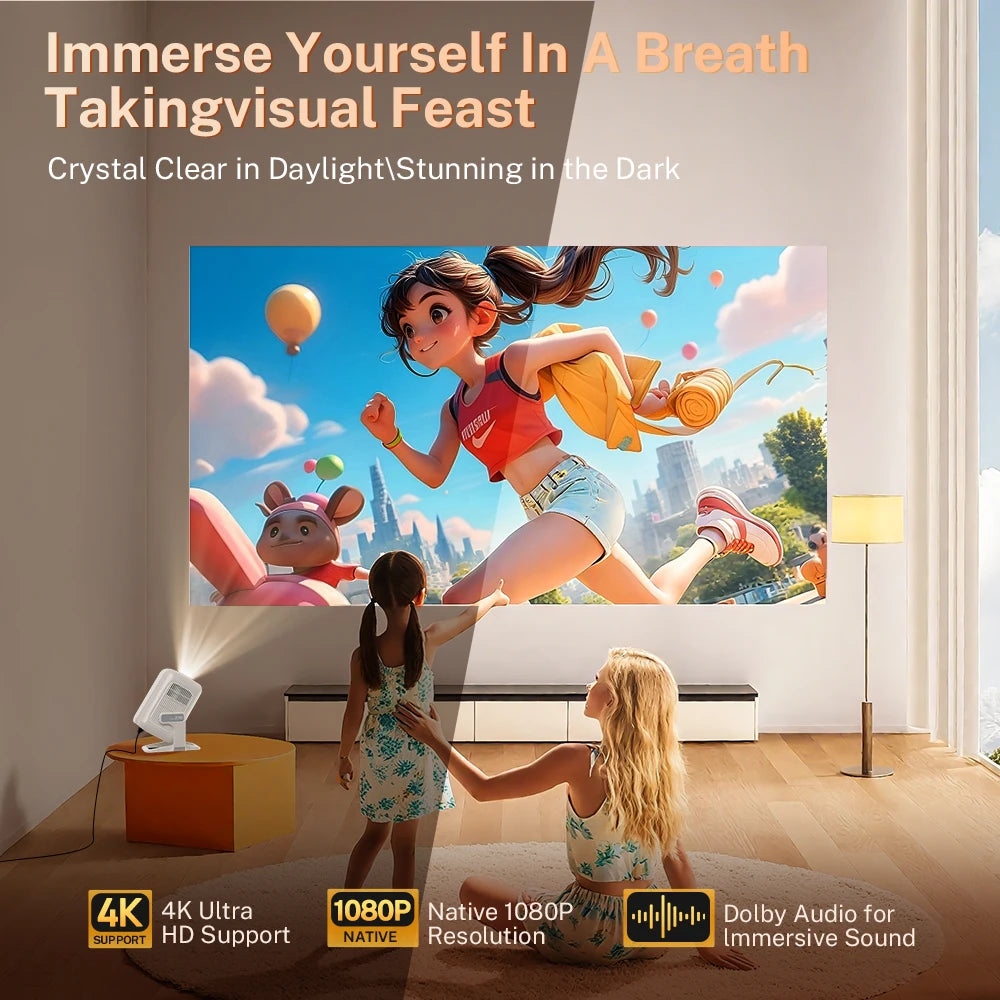 LnyCast Projector Native 1080P 350ANSI 4K Ultra HD 4500 Lumens Dual Wifi6 BT 5.4 Android 14 Home Theater Cinema Projectors X3AQ
