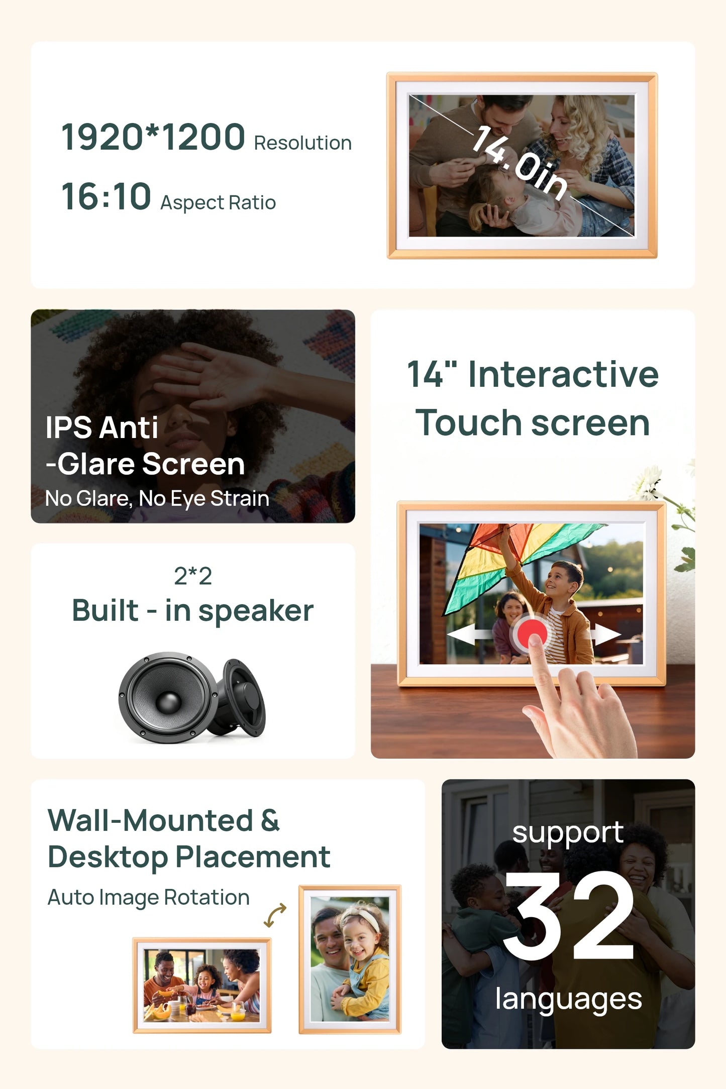 ARZOPA 14 Inch WiFi Digital Photo Frame IPS HD Touch Screen Unlimited Free Cloud Storage Remote Photo Video Share Family Gift