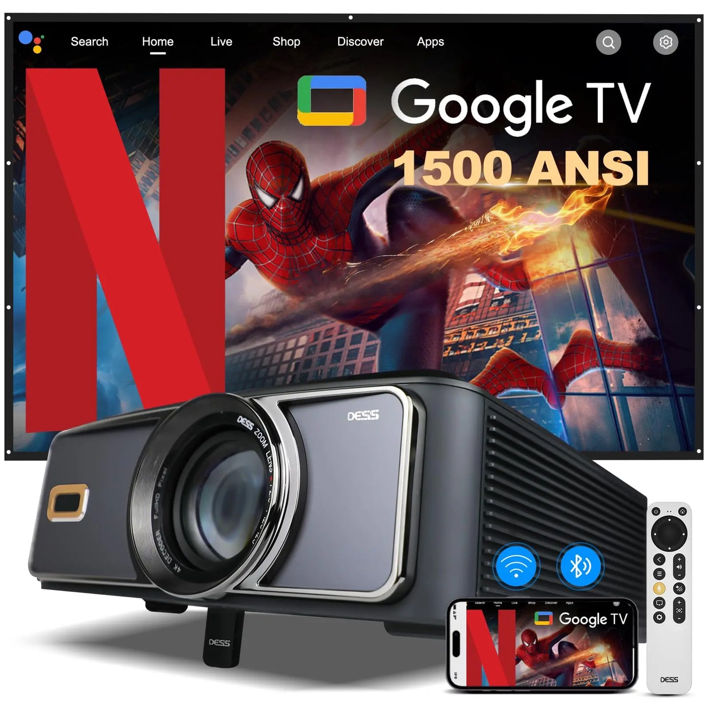 DESS 4K Auto Focus Smart Projector With Netflix TV
