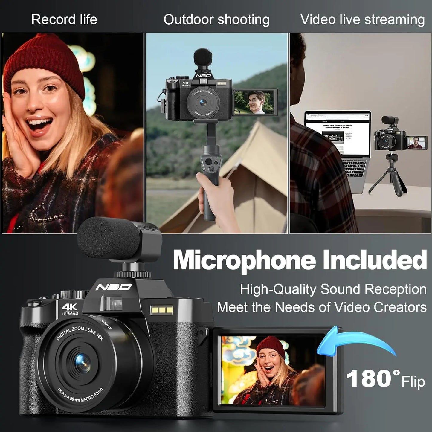 NBD 4K Digital Cameras for Photography,48MP Camera,Travel Vlogging Cameras with 16X Digital Zoom,180°Flip Screen,52mm Macro Lens