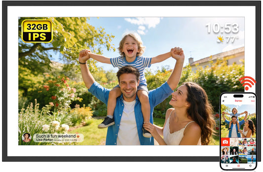 FRAMEO 15.6 Inch 32GB Large Digital Photo Frame, Digital Picture Frame WiFi, IPS HD Touch Screen, Photo Frame with Auto-Rotate