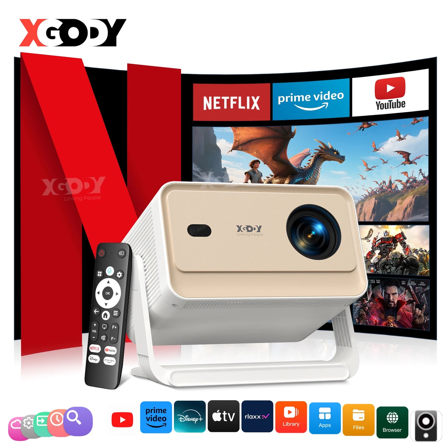 XGODY N6 Pro Netflix Officially 4K Projector 695 Ansi Voice Control Android TV Whale OS 8/32GB ROM Outdoor Movie Home Theater