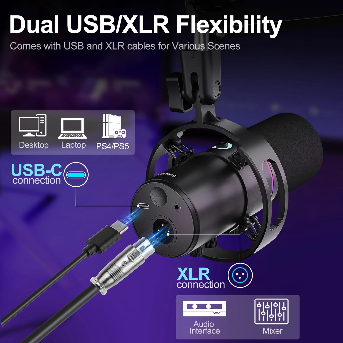 XLR/USB Dynamic Microphone Kit, PC Microphone for Streaming, Podcasting, Gaming, RGB, Mute and Noise Cancelling Function, Volume
