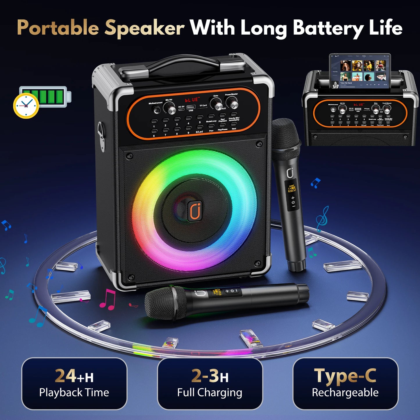 S68 Kara Ok with 2 Microphones, Portable Bluetooth 5.3 Kara Ok Speaker,Echo Adjustment, Supports Tv through Auxiliary Connection
