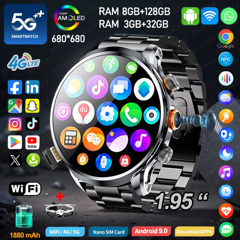 5G/4G Smart Watch Man 1.95 inch 680*680 AMOLED Video Call 800W HD Camera GPS Map WIFI Google Play Smartwatch 8GB+128GB RAM Watch